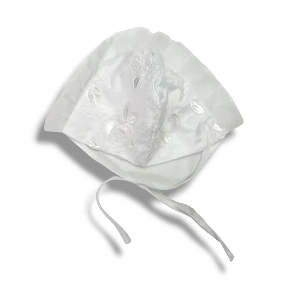 Baby Girls White Floral Embroidered Ruffle Tie Bonnet‎ Baptism OS